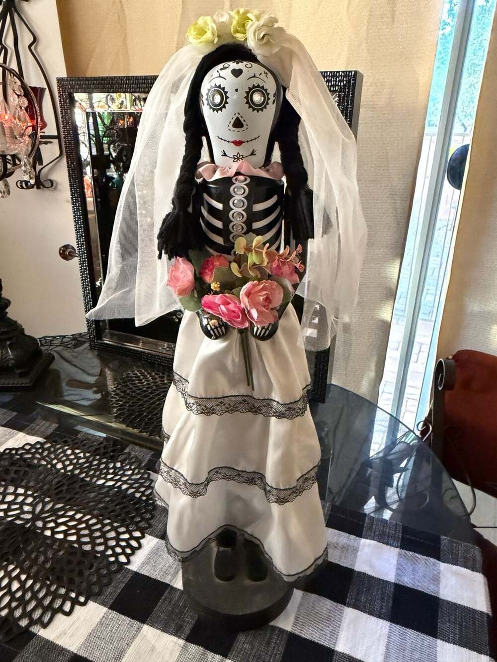 Handmade wooden Dia De Los Muertos Skeleton Bride 14"